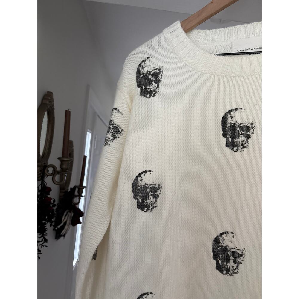 Panache Apparel Ivory Skull Crewneck Sweater Medium Goth Emo Halloween - Picture 6 of 10